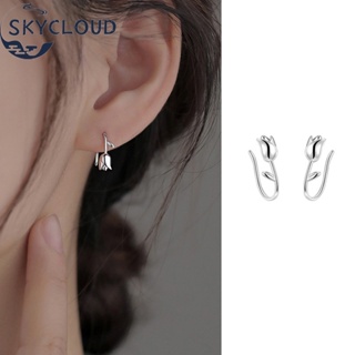 Skycloud Retro S925 Silver Tulip Flower Hook Earrings for Women Girl Elegant Exquisite Glossy Nono-pierced Earring Dating Dinner Pick Free Ear Jewelry Accessories