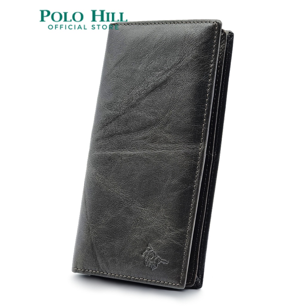 POLO HILL Mens Leather Grey Long BiFold Wallet C-PHW-6076-D