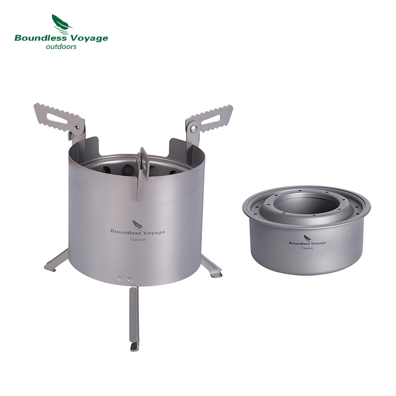 Boundless Voyage Camping เตาไม้ไทเทเนียมเตาแอลกอฮอล์ขาตั้งที่ถอดออกได้ขาพับกลางแจ้ง Double-wall เตา Ti2014C