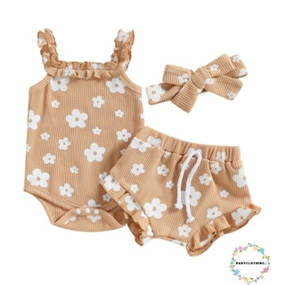 Babyclothes- ชุดรอมเปอร์ แขนกุด ลายดอกไม้ + กางเกงขาสั้น + ที่คาดผม 3 ชิ้น สําหรับเด็กผู้หญิง