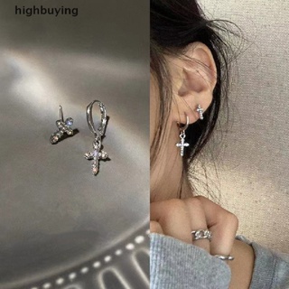 [highbuying] ต่างหูสตั๊ด จี้ไม้กางเขน เพทาย ไม่สมมาตร แวววาว ฮิปฮอป พังก์ แฟชั่น เครื่องประดับ สําหรับผู้หญิง สินค้าใหม่