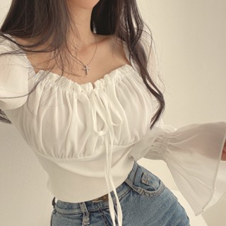 Chiffon Casual Shirt Womens Blouse French Style Stringy Selvedge Lace-up Square-Neck Cinched Bell Sleeve Top