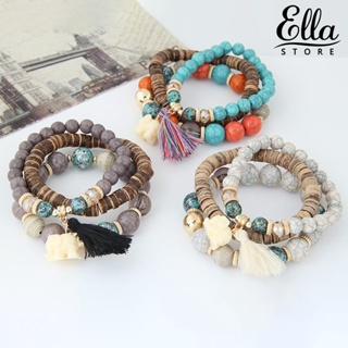 Ellastore123 สร้อยข้อมือ เชือกยืดหยุ่น เรซิน หลายชั้น ประดับลูกปัด พู่ รูปช้าง สไตล์โบฮีเมียน เครื่องประดับ สําหรับผู้หญิง 3 ชิ้น ต่อชุด