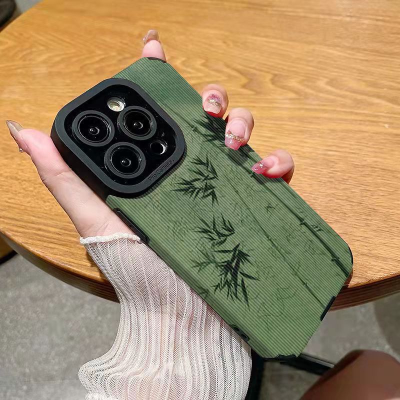 เคสสําหรับ Iphone 11Pro max 14/15/16PRO max 11 12/6/7/8/plus X max เคสโทรศัพท์ไม้ไผ่สีเขียวรวมทุกอย่าง lambskin shock proof ปกอ่อน