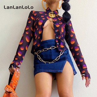 Lanlanlolo เสื้อคาร์ดิแกน แขนยาว คอปก พิมพ์ลาย ติดกระดุมหน้าแถวเดียว ลําลอง สําหรับผู้หญิง 2023