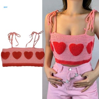 Nerv เสื้อครอปท็อป สายเดี่ยวสปาเก็ตตี้ เข้ารูป ลายหัวใจน่ารัก สําหรับผู้หญิง