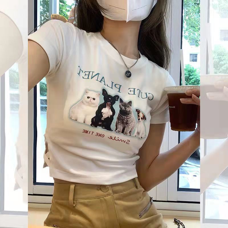 เสื้อยืด คอกลม แขนสั้น ผ้าฝ้าย พิมพ์ลาย สไตล์อเมริกัน สําหรับผู้หญิง