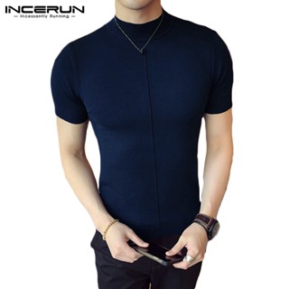 INCERUN Semi-high neck knitted short sleeve elastic tights T-shirts