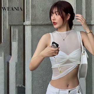 Weania ฤดูร้อน เซ็กซี่ ตาข่าย ซีทรู เสื้อกล้าม สําหรับผู้หญิง 2 ชิ้น เซต