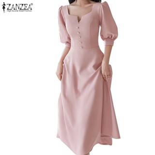 ZANZEA Women Korean Elegant Square Collar Half Sleeve Waist Long Dress