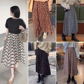 กระโปรงเอวสูงลายดอกไม้ผ้าชีฟอง กระโปรงใส่ทำงาน