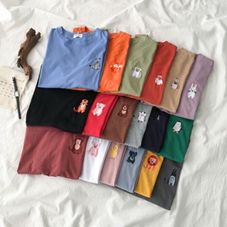 [ลดราคาจํากัดเวลา] เสื้อยืดลําลอง แขนสั้น คอกลม ปักลายสัตว์ ทรงหลวม สําหรับสตรี