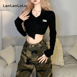 Lanlanlolo เสื้อคาร์ดิแกน แขนยาว คอปก เอวสูง ทรงสลิมฟิต สีพื้น สําหรับผู้หญิง 2023