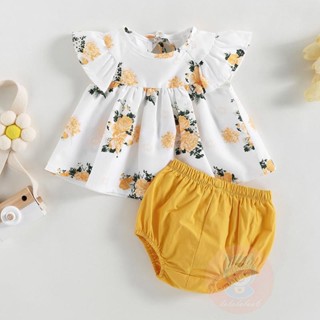 Laa6-0-24months เสื้อคอกลม แขนสั้น ลายดอกไม้ และกางเกงขาสั้น สีพื้น สําหรับเด็กผู้หญิง