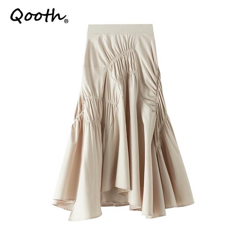 Qooth ผู้หญิงสีทึบจีบไม่สมมาตร A-line กระโปรงสบายๆเอวสูงกลางความยาวกระโปรงยาวสําหรับฤดูใบไม้ผลิฤดูร้อน QT2044