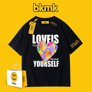 Bkmk เสื้อยืดลําลอง ผ้าฝ้ายแท้ แขนสั้น คอกลม พิมพ์ลายหัวใจ สไตล์อเมริกัน สําหรับผู้ชาย และผู้หญิง