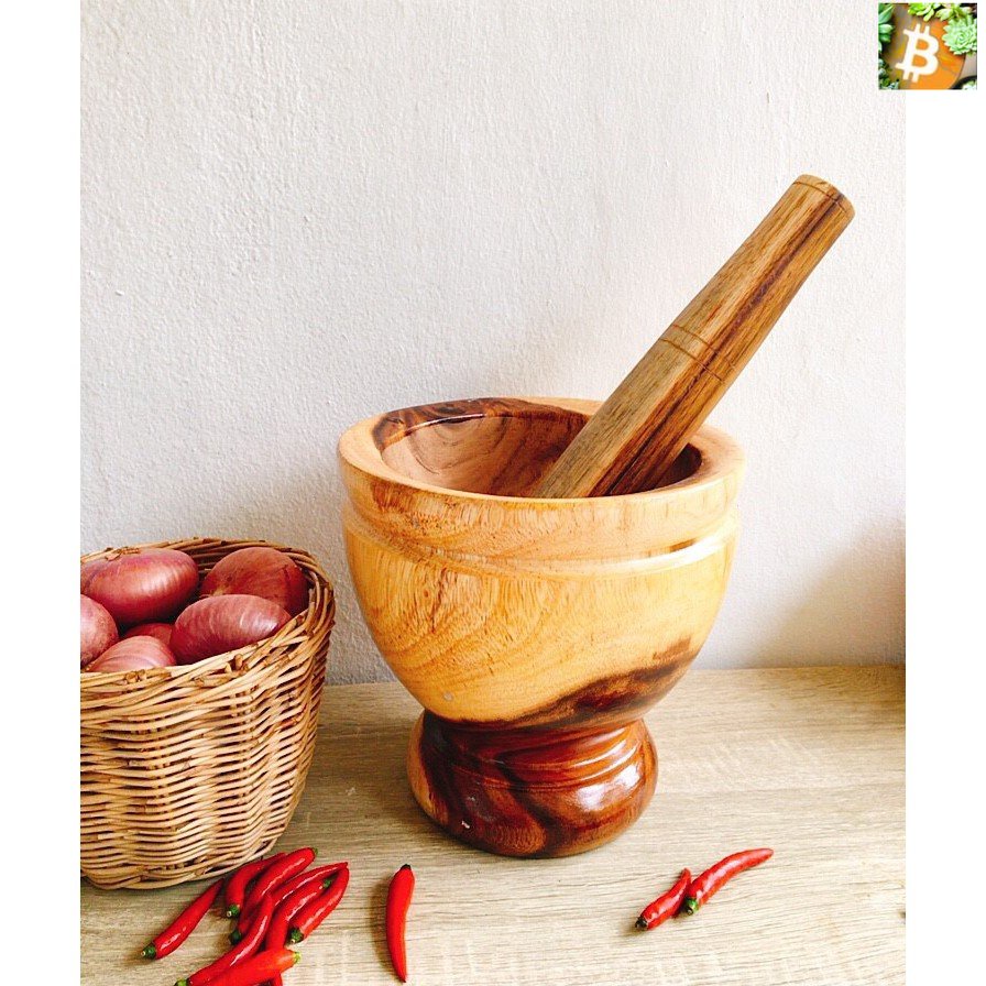 Bitcoin ครกไม้เหลือง ครกไม้จามจุรี 10 นิ้ว พร้อมสาก