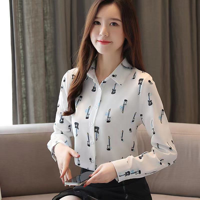 เสื้อเชิ้ต แขนยาว ผ้าชีฟอง พิมพ์ลาย ทรงหลวม สไตล์เกาหลี พลัสไซซ์ M-5XL สําหรับผู้หญิง