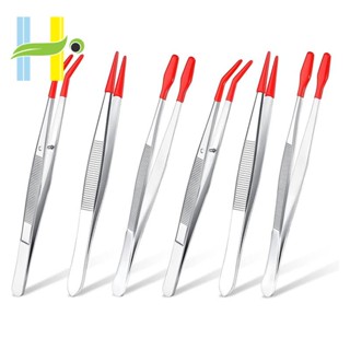 6Pcs Tweezers with Rubber Tips Set Soft PVC Rubber Coated Tips Bent and Straight Flat Tip Precision Bent Long Tweezers