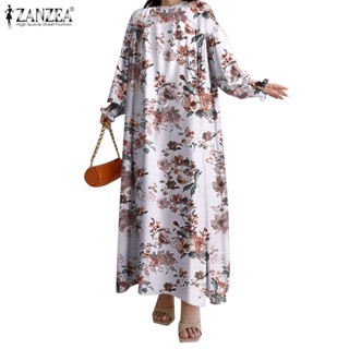 ZANZEA Women Casual Bohemian Floral Printed Long Sleeve Holiday Loose Maxi Dress