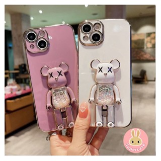 เคสโทรศัพท์มือถือ TPU ขอบตรง ชุบ หรูหรา พร้อมขาตั้งหมี สําหรับ Samsung Galaxy Note 20 Ultra A23 A13 4G A03S A03 M51 A12 5G