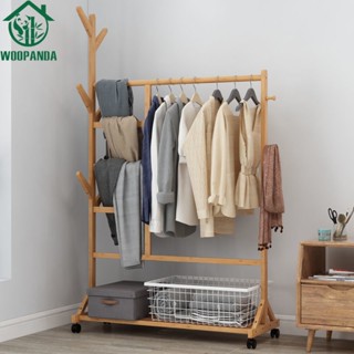 Woodpandaราวแขวนเสื้ออเนกประสงค์ ตากผ้าอเนกประสงค์ พร้อมราวแขวนเสื้อ เเขวนหมวกเสื้อโค้ท มีล้อเคลื่อนที่สะดวก