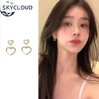Skycloud Ins Trendy Gold Little Zircon Hollow Heart Drop Earrings for Women Girl Elegant Exquisite Sparkling Earring Anti-allergic Ear Jewelry Accessories