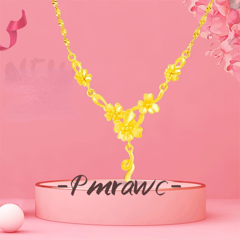 Pmrwc | 24K Gold Water Wave Chain สร้อยคอดอกไม้สําหรับสาว Au999 Long-Time Colorfast เครื่องประดับงาน