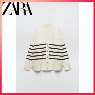 Zara เสื้อแจ็กเก็ตถัก แขนยาว คอวี ลายทาง แฟชั่นฤดูใบไม้ผลิ สําหรับผู้หญิง