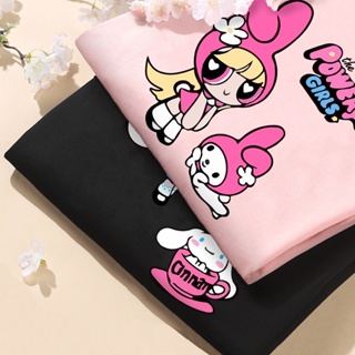 The Powerpuff Girls ร่วม Sanrio เสื้อยืดหญิงแขนสั้นน่ารัก Cinnamoroll Melody