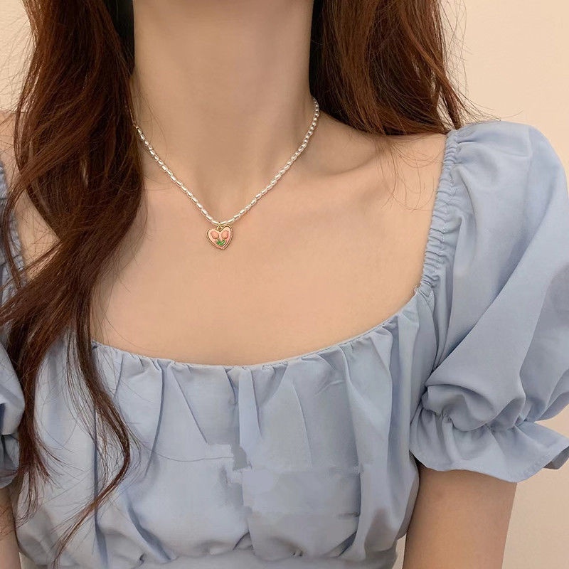 [ใหม่] เครื่องประดับ สร้อยคอมุก รูปดอกทิวลิป หัวใจ สีชมพู หรูหรา แฟชั่นฤดูร้อน สําหรับผู้หญิง 2024