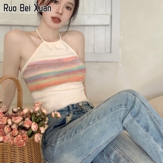 RUO BEI XUAN เสื้อชั้นในสตรีผ้าถักสไตล์เกาหลีใหม่เสื้อครอปเซ็กซี่เปิดหลัง