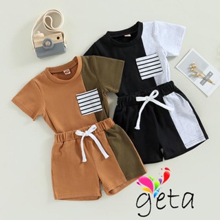 Geta- ชุดเสื้อแขนสั้น คอกลม สีตัดกัน และกางเกงขาสั้น แบบผูกเชือก แฟชั่นฤดูร้อน สําหรับเด็กผู้ชาย