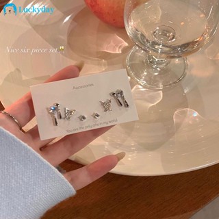 YEEZII 6pcs/set Silver Stud Earrings Set for Women Zircon Heart Liquid Butterfly Earing Fashion Accessories Jewelry