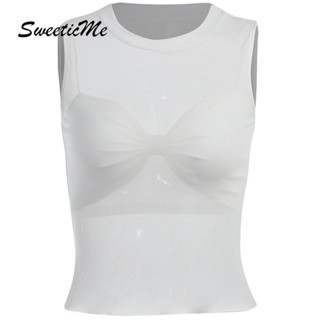 Sweeticme ใหม่ เสื้อกั๊กแขนกุดลําลอง ผ้าตาข่าย สีพื้น แฟชั่นสําหรับสตรี 2023