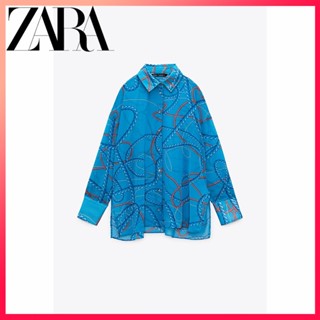 Zara ฤดูร้อน ใหม่ ผู้หญิง กองทัพเรือ ลม กึ่งโปร่งใส พิมพ์ลาย เสื้อเชิ้ต