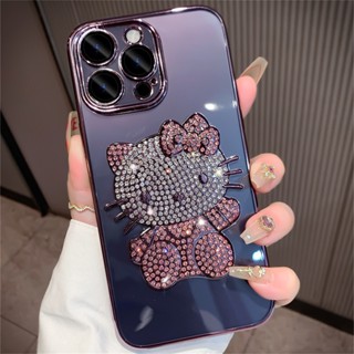 เคสโทรศัพท์มือถือแบบนิ่ม ใส กันกระแทก ลายการ์ตูนเฮลโลคิตตี้ 3D แต่งเพชร พร้อมที่ปิดเลนส์กล้อง หรูหรา สําหรับ iphone 14 pro max 13 12 pro max 14 plus promax