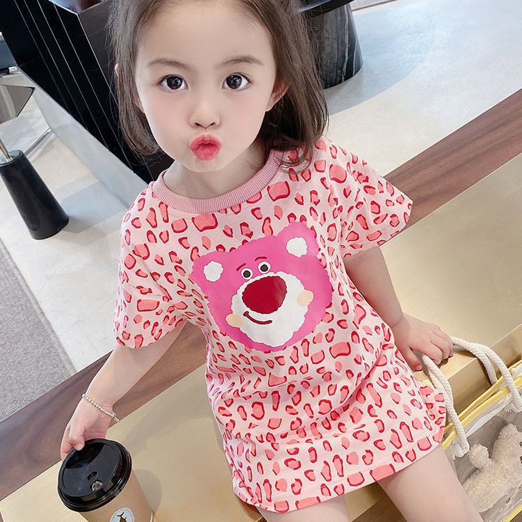 [ML] 90-140 ซม. ฤดูใบไม้ผลิ ฤดูร้อน สไตล์ใหม่ เด็กผู้หญิง ลายเสือดาว สีชมพู หมี ความยาวปานกลาง ชุดเดรสเด็ก การ์ตูน แขนสั้น ชุดเดรส