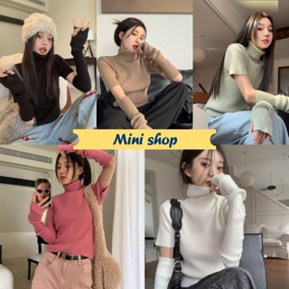 Mini shop🌸พร้อมส่ง🌸 (80075)   เสื้อไหมพรมแขนสั้นคอเต่า แถมปลอกแขน ดีเทลปลอกแขนสอดนิ้ว