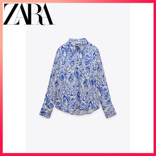 Zara ใหม่ เสื้อเชิ้ต ผ้าไหมซาติน พิมพ์ลาย สําหรับผู้หญิง