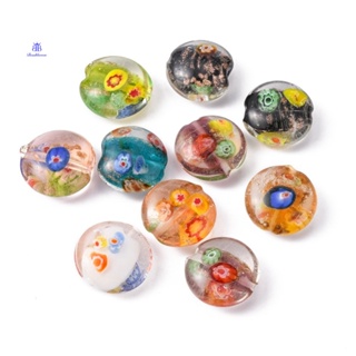 10pc Handmade Gold Sand Lampwork Beads with Millefiori Glass Flat Round Mixed Color 20x10mm Hole: 1.5mm