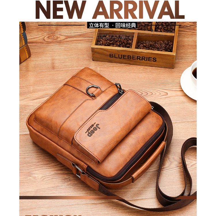 Jeep BULUO PU สีทึบ Soft Face ผู้ชายไหล่ Crossbody กระเป๋าธุรกิจ Retro กระเป๋าเอกสารพร้อมกระเป๋าและกระเป๋าสตางค์ชุด