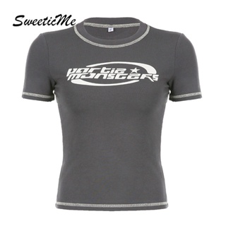 Sweeticme ใหม่ เสื้อยืดลําลอง แขนสั้น คอกลม เข้ารูป พิมพ์ลาย แฟชั่นสําหรับสตรี 2023