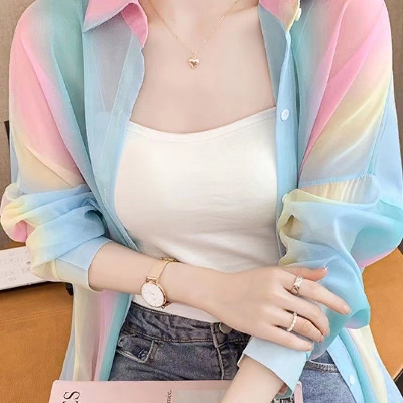 เสื้อคาร์ดิแกนแขนยาว ผ้าชีฟอง แบบบาง ทรงหลวม สีรุ้ง แฟชั่นสําหรับสตรี ราคา ถูกที่สุด ดีลบีเคเค แกลเลอรีภาพที่ 7