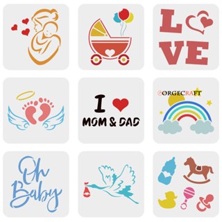 1Set 9 Pcs Baby Shower Stencil 15x15cm Cute Onesie Stencil Plastic Love Footprint Goose Baby Carriage Rainbow Patterns Stencils Reusable Stencil for Painting Bodysuit Bags Shirts