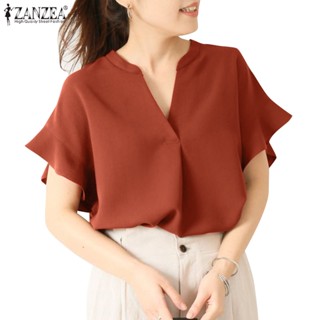 ZANZEA Women Korean Daily V Neck Drop Shoulder Sleeve Cuff Ruffle Blouses