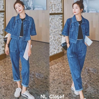  Overalls👖 เสื้อครอป ชุด set ยีนส์ เสื้อแขนสั้น กางเกงขายาว แต่งกระเป๋าหน้ากางเกงยางยืดที่เอวมีกระเป๋าข้าง