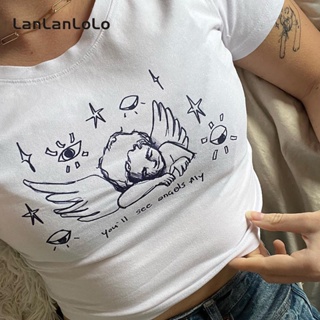 Lanlanlolo เสื้อยืดลําลอง แขนสั้น คอกลม พิมพ์ลาย สําหรับสตรี 2023