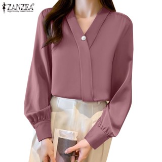 Zanzea เสื้อเชิ้ต คอวี แขนพอง กระดุม สไตล์เกาหลี สําหรับผู้หญิง
