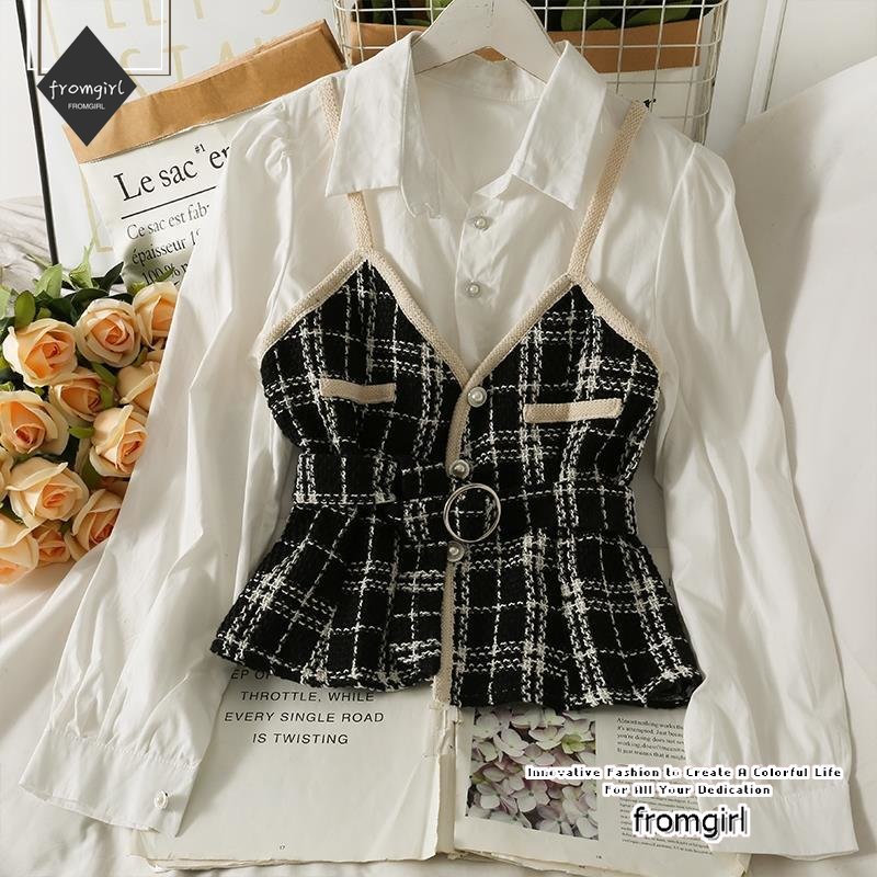 สินค้าใหม่ เสื้อเชิ้ตแขนยาว เอวสูง เข้ารูป แต่งลูกไม้ สไตล์เรโทร แฟชั่นฤดูใบไม้ร่วง สําหรับผู้หญิง สองชิ้น